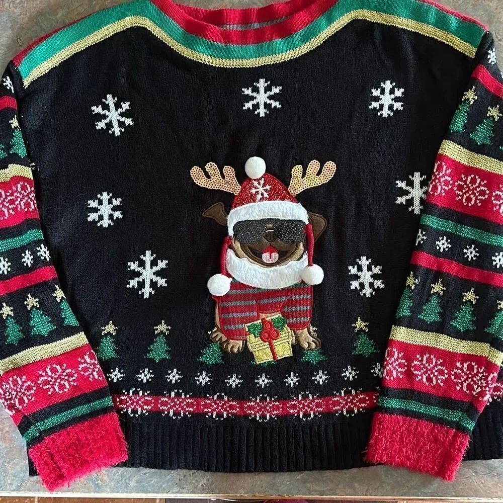 Blizzard Bay Christmas Pug Dog Sweater Medium Ugly Christmas Sweater